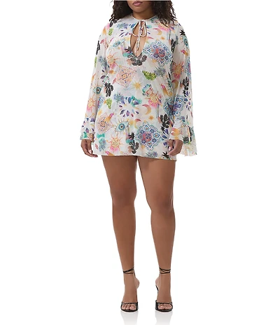 AFRM Plus Size Kori Printed Mesh Crew Neck Front Keyhole Long Bell Sleeve Mini Dress