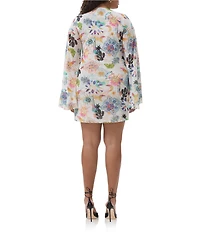AFRM Plus Size Kori Printed Mesh Crew Neck Front Keyhole Long Bell Sleeve Mini Dress