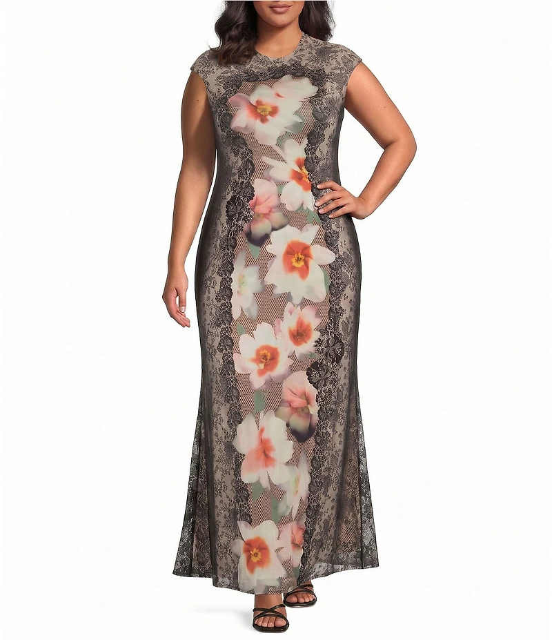 AFRM Plus Size Mylo Lace Floral Mix-Printed Crew Neck Cap Sleeve Mesh Maxi Dress