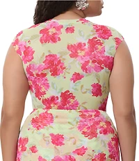 AFRM Plus Size Nina Floral Dot Print Crew Neck Cap Sleeve Mesh Tee