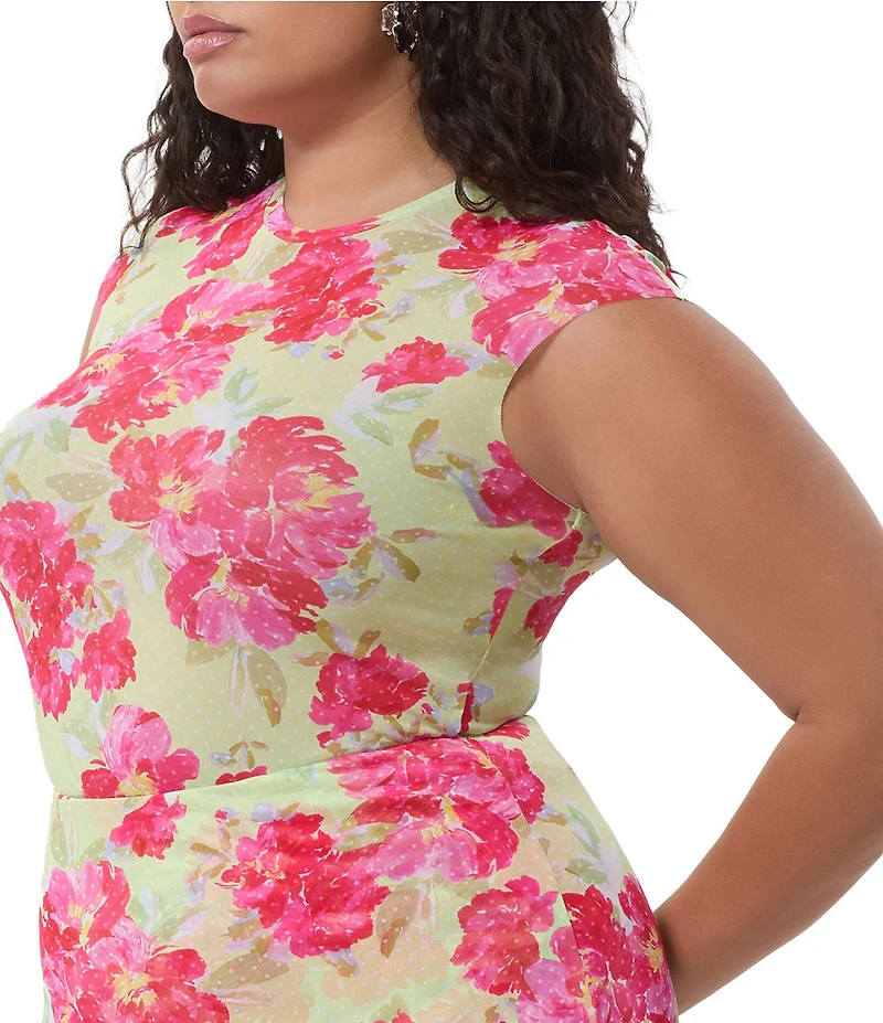 AFRM Plus Size Nina Floral Dot Print Crew Neck Cap Sleeve Mesh Tee