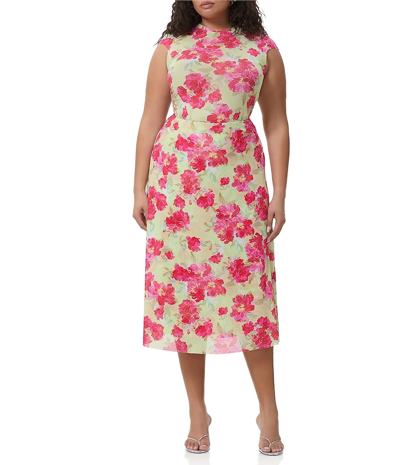 AFRM Plus Size Nina Floral Dot Print Crew Neck Cap Sleeve Mesh Tee