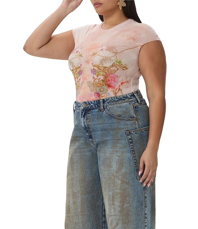 AFRM Plus Size Nina Shell Printed Crew Neck Short Sleeve Mesh Top