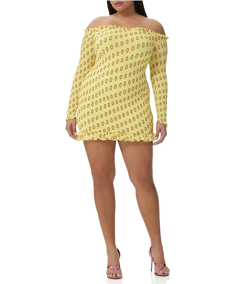 AFRM Plus Size Peck Deco Dot Print Smocked Off-The-Shoulder Long Sleeve Mesh Mini Dress