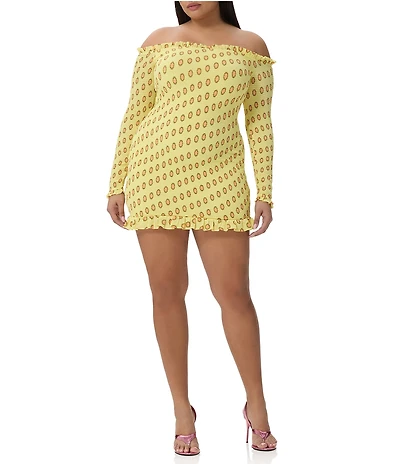AFRM Plus Size Peck Deco Dot Print Smocked Off-The-Shoulder Long Sleeve Mesh Mini Dress