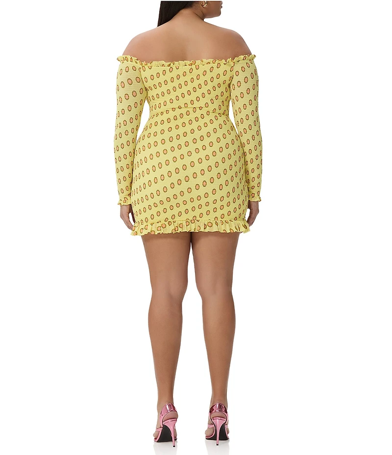 AFRM Plus Size Peck Deco Dot Print Smocked Off-The-Shoulder Long Sleeve Mesh Mini Dress