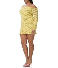 AFRM Plus Size Peck Deco Dot Print Smocked Off-The-Shoulder Long Sleeve Mesh Mini Dress