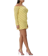 AFRM Plus Size Peck Deco Dot Print Smocked Off-The-Shoulder Long Sleeve Mesh Mini Dress