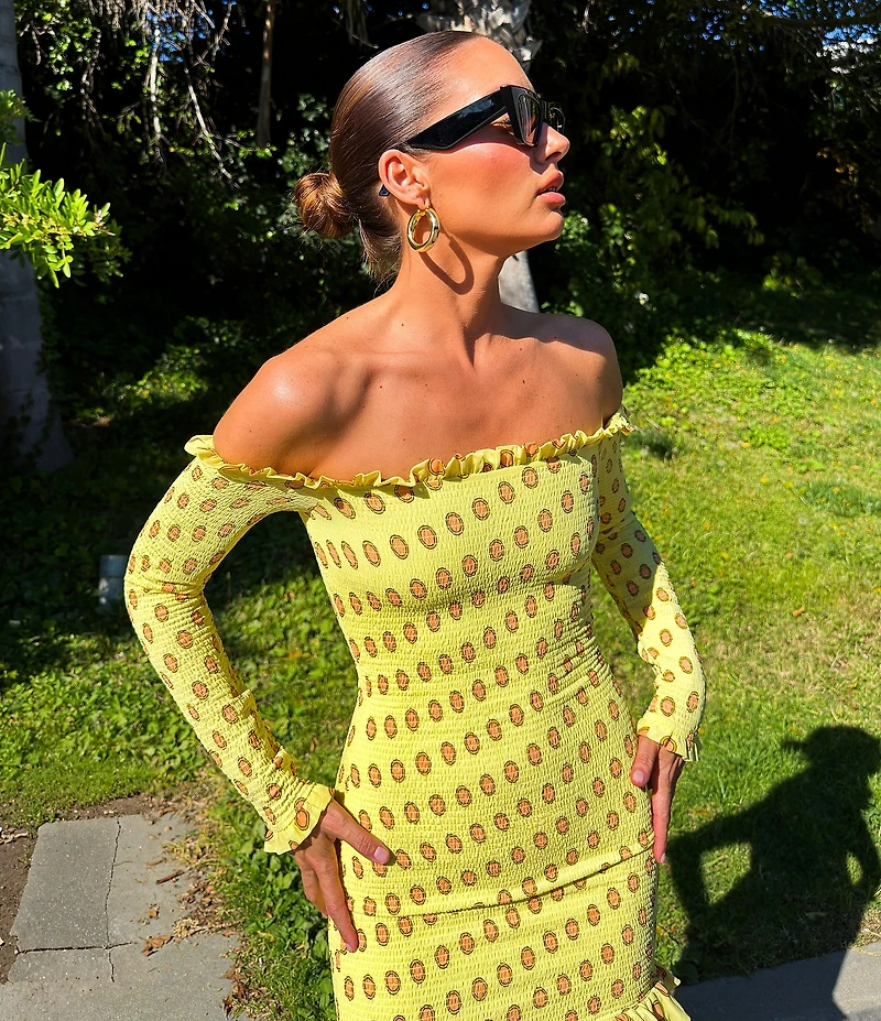 AFRM Plus Size Peck Deco Dot Print Smocked Off-The-Shoulder Long Sleeve Mesh Mini Dress