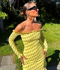 AFRM Plus Size Peck Deco Dot Print Smocked Off-The-Shoulder Long Sleeve Mesh Mini Dress