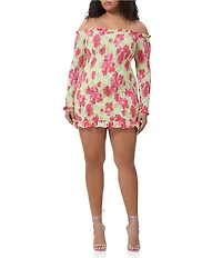AFRM Plus Size Peck Smocked Floral Dot Printed Off-the-Shoulder Long Sleeve Mesh Mini Dress