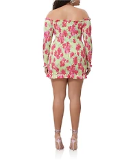 AFRM Plus Size Peck Smocked Floral Dot Printed Off-the-Shoulder Long Sleeve Mesh Mini Dress