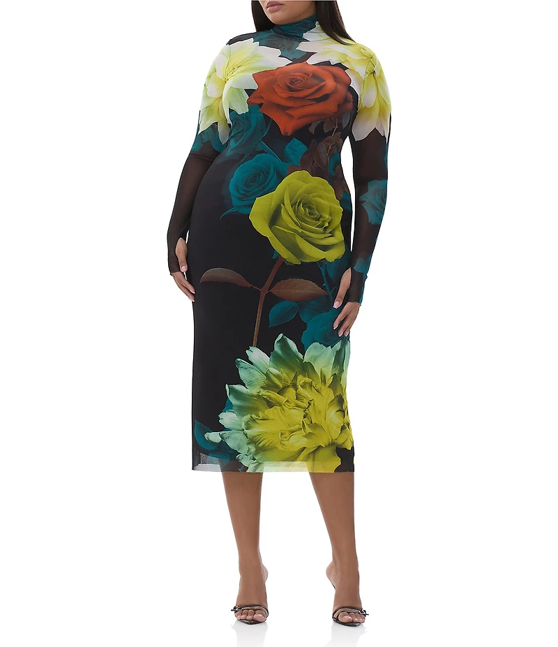 AFRM Plus Size Shailene Floral Print Turtleneck Long Sleeve Bodycon Midi Mesh Dress