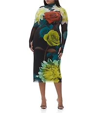 AFRM Plus Size Shailene Floral Print Turtleneck Long Sleeve Bodycon Midi Mesh Dress