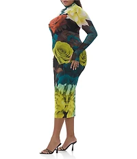AFRM Plus Size Shailene Floral Print Turtleneck Long Sleeve Bodycon Midi Mesh Dress