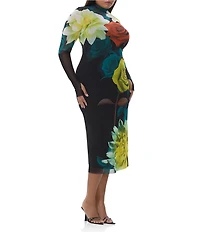 AFRM Plus Size Shailene Floral Print Turtleneck Long Sleeve Bodycon Midi Mesh Dress