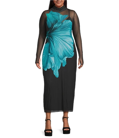 AFRM Plus Size Shailene Floral Print Turtleneck Long Sleeve Mesh Midi Dress