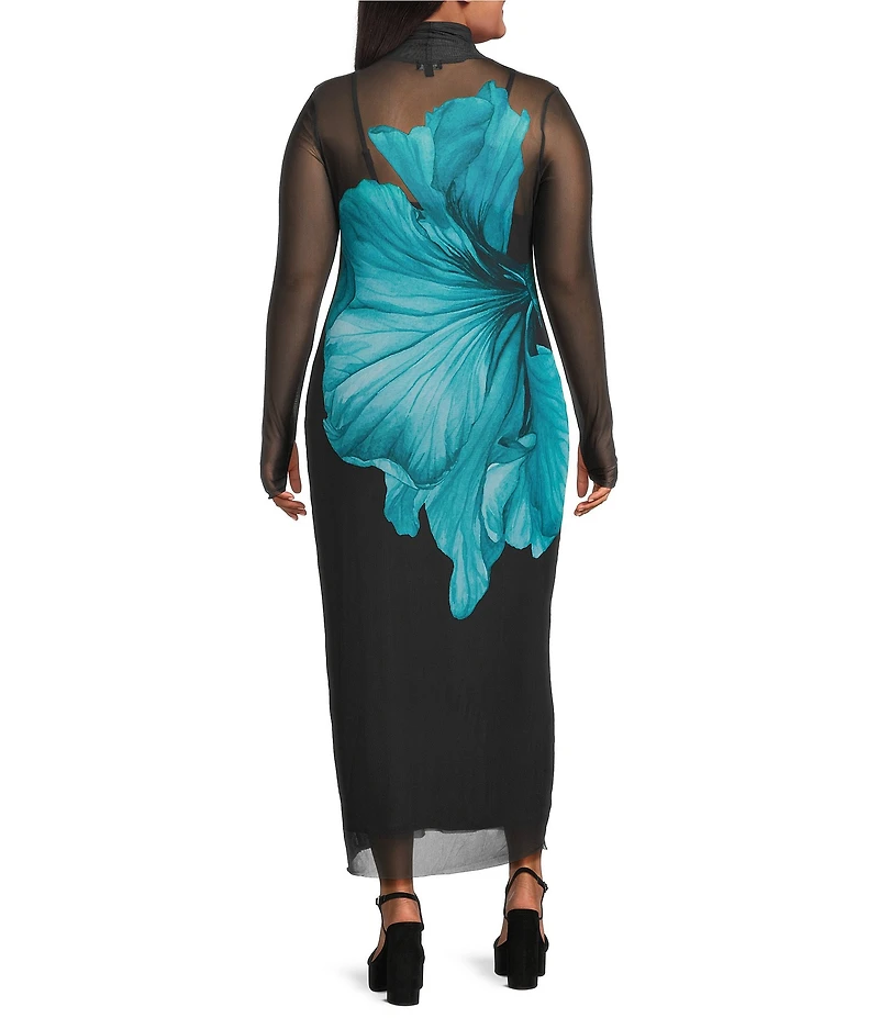 AFRM Plus Size Shailene Floral Print Turtleneck Long Sleeve Mesh Midi Dress