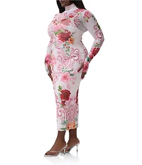 AFRM Plus Size Shailene Floral Printed Turtleneck Long Sleeve Midi Dress