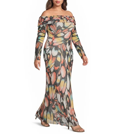 AFRM Plus Size Theana Butterfly Printed Off-the-Shoulder Long Sleeve Bodycon Mesh Maxi Dress