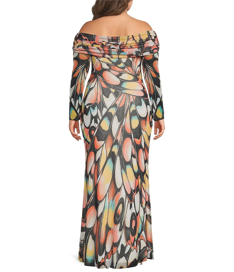 AFRM Plus Size Theana Butterfly Printed Off-the-Shoulder Long Sleeve Bodycon Mesh Maxi Dress