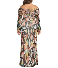 AFRM Plus Size Theana Butterfly Printed Off-the-Shoulder Long Sleeve Bodycon Mesh Maxi Dress