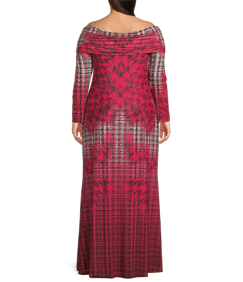 AFRM Plus Size Thelma Houndstooth Print Off The Shoulder Long Sleeve Mesh Maxi Dress