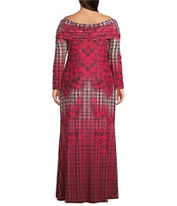 AFRM Plus Size Thelma Houndstooth Print Off The Shoulder Long Sleeve Mesh Maxi Dress