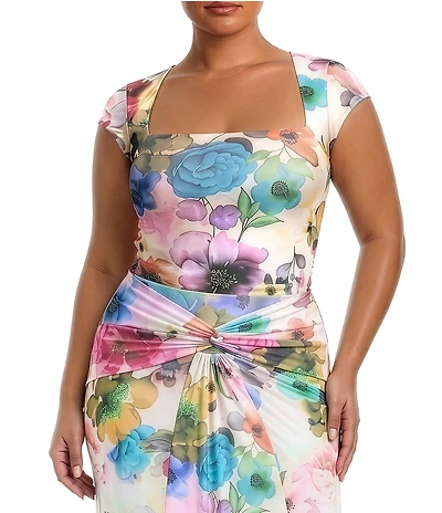 AFRM Plus Size Winona Watercolor Blossom Printed Square Neck Cap Sleeve Mesh Coordinating Tee