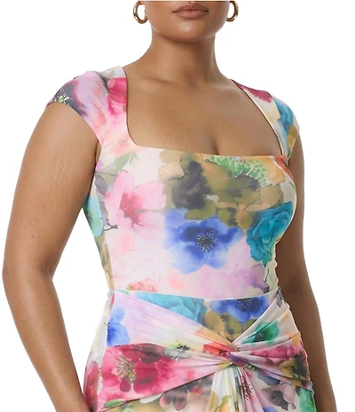 AFRM Plus Size Winona Watercolor Blossom Printed Square Neck Cap Sleeve Mesh Coordinating Tee