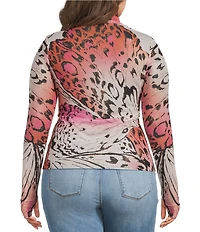 AFRM Plus Size Zadie Butterfly Printed Mock Neck Long Sleeve Mesh Top
