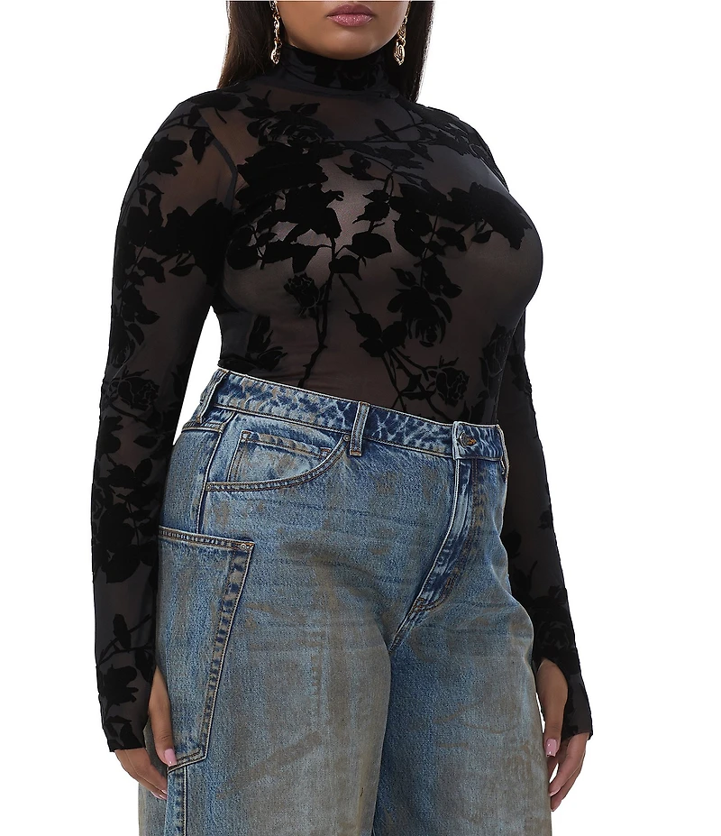 AFRM Plus Size Zadie Floral Flocked Mock Neck Long Sleeve Mesh Top