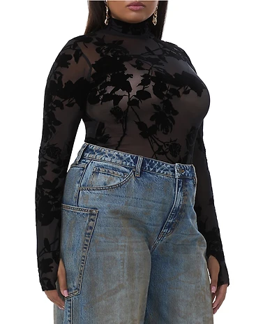 AFRM Plus Size Zadie Floral Flocked Mock Neck Long Sleeve Mesh Top