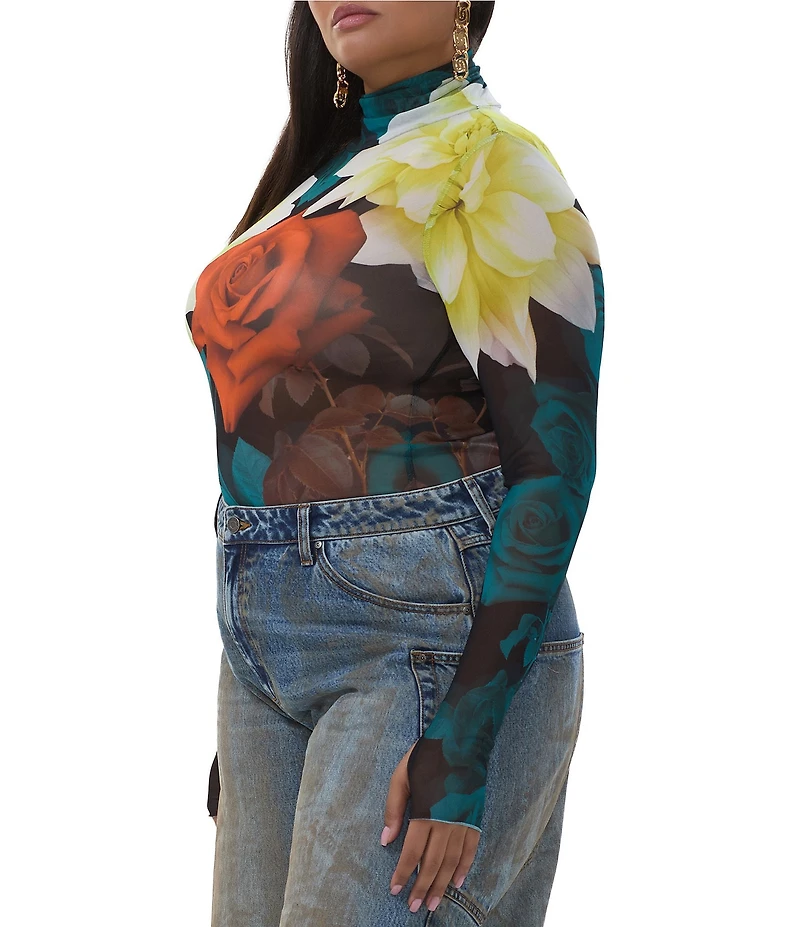 AFRM Plus Size Zadie Floral Print Mock Neck Long Sleeve Mesh Top