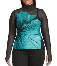AFRM Plus Size Zadie Flower Print Mock Neck Long Sleeve Mesh Top