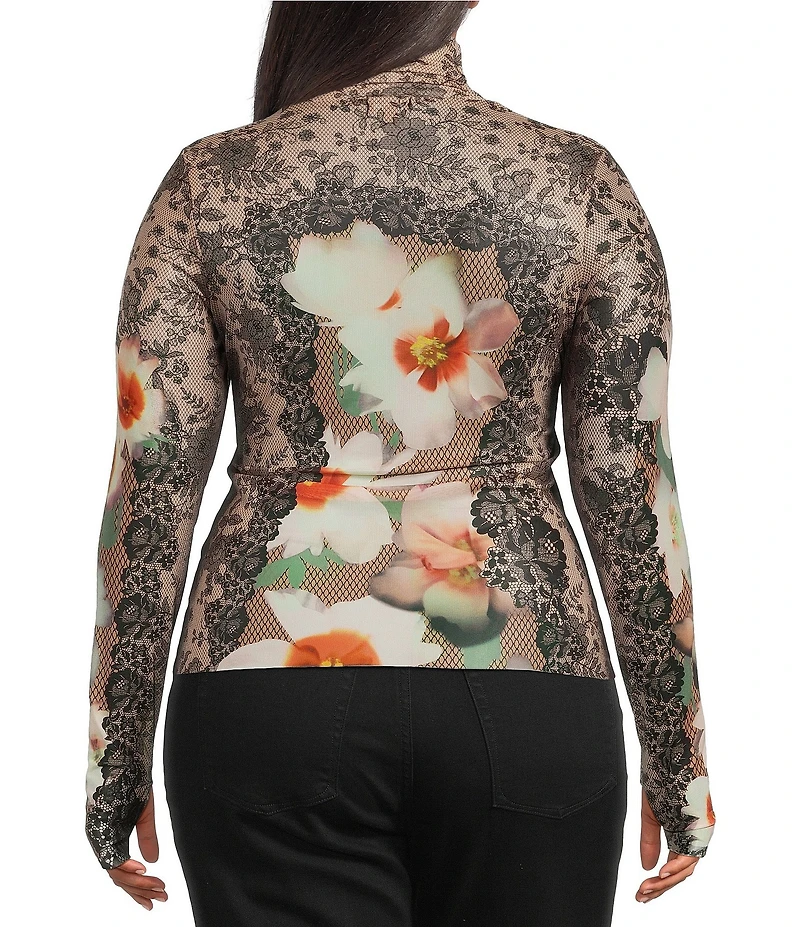 AFRM Plus Size Zadie Lace Floral Mix Print Mock Neck Long Sleeve Mesh Top