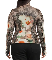 AFRM Plus Size Zadie Lace Floral Mix Print Mock Neck Long Sleeve Mesh Top