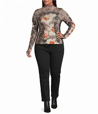 AFRM Plus Size Zadie Lace Floral Mix Print Mock Neck Long Sleeve Mesh Top