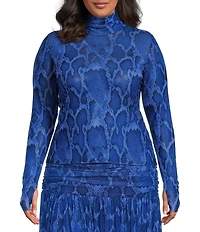 AFRM Plus Size Zadie Snake Printed Mock Neck Long Sleeve Mesh Top