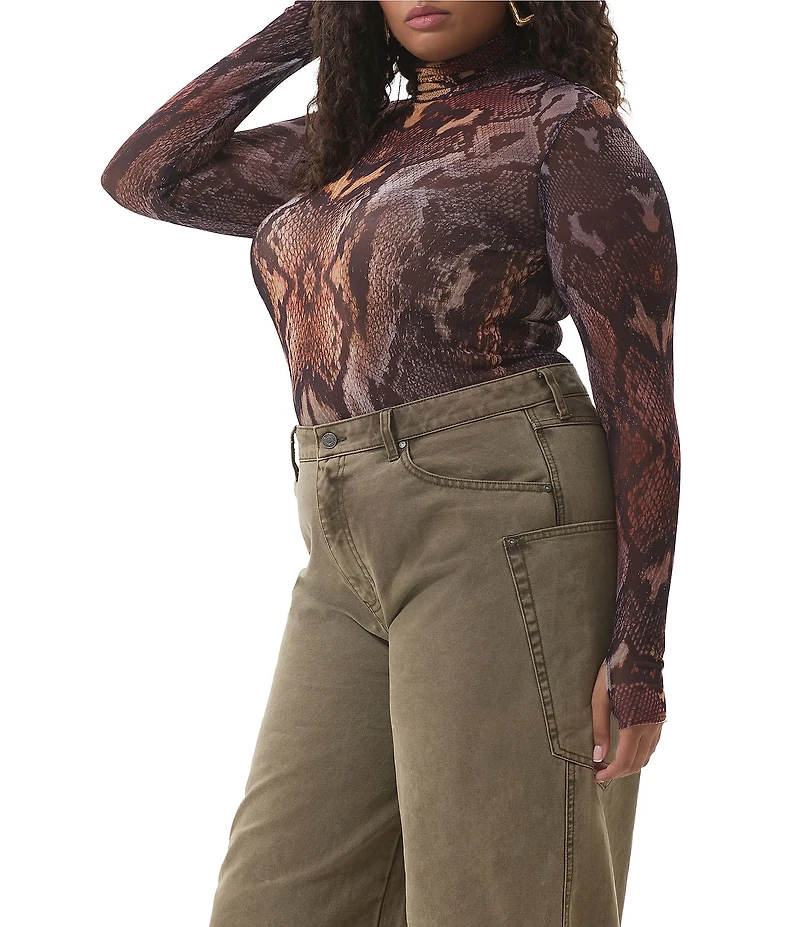 AFRM Plus Zadie Snake Print Mock Neck Long Sleeve Mesh Top