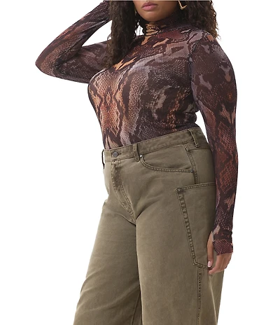 AFRM Plus Zadie Snake Print Mock Neck Long Sleeve Mesh Top