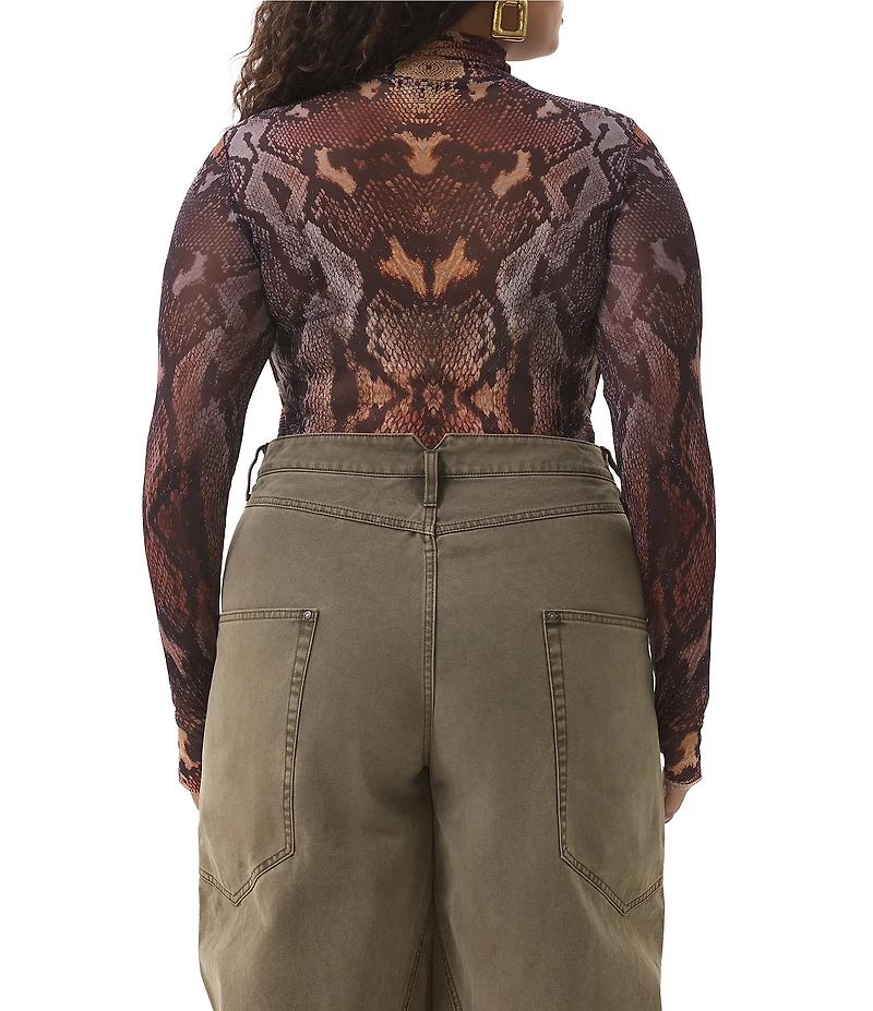 AFRM Plus Zadie Snake Print Mock Neck Long Sleeve Mesh Top