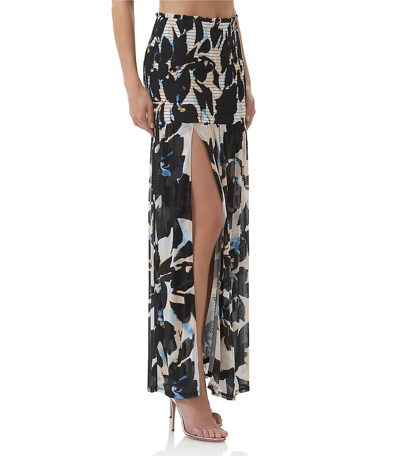 AFRM Quincy Floral Mesh Smocked Slit Detail Coordinating Maxi Skirt