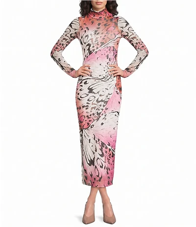 AFRM Shailene Butterfly Print Turtleneck Long Sleeve Mesh Midi Dress