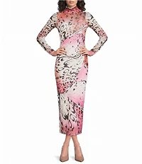AFRM Shailene Butterfly Print Turtleneck Long Sleeve Mesh Midi Dress