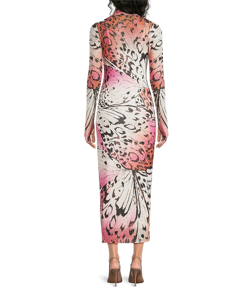 AFRM Shailene Butterfly Print Turtleneck Long Sleeve Mesh Midi Dress