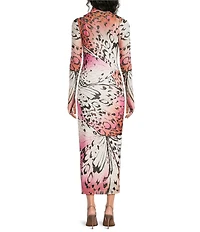 AFRM Shailene Butterfly Print Turtleneck Long Sleeve Mesh Midi Dress