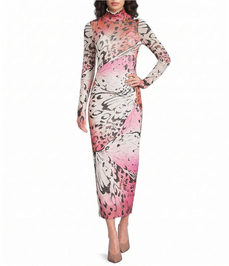 AFRM Shailene Butterfly Print Turtleneck Long Sleeve Mesh Midi Dress