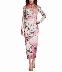 AFRM Shailene Butterfly Print Turtleneck Long Sleeve Mesh Midi Dress