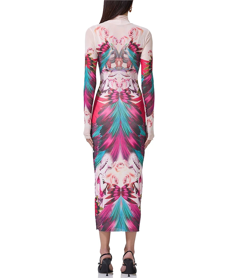 AFRM Shailene Feather Printed Turtleneck Long Sleeve Midi Dress